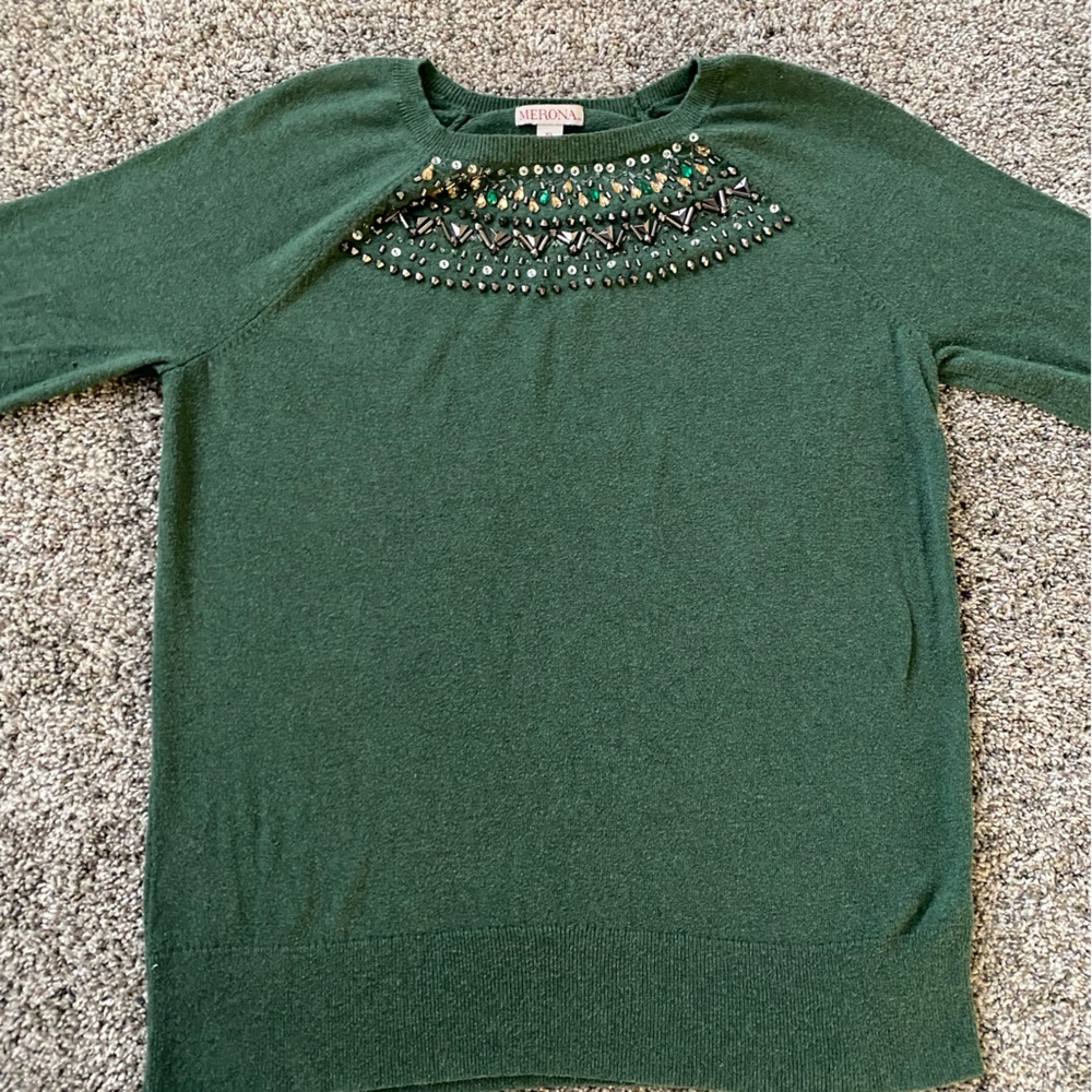 Dark Green XL Merona Sweater with Jeweled Neckline